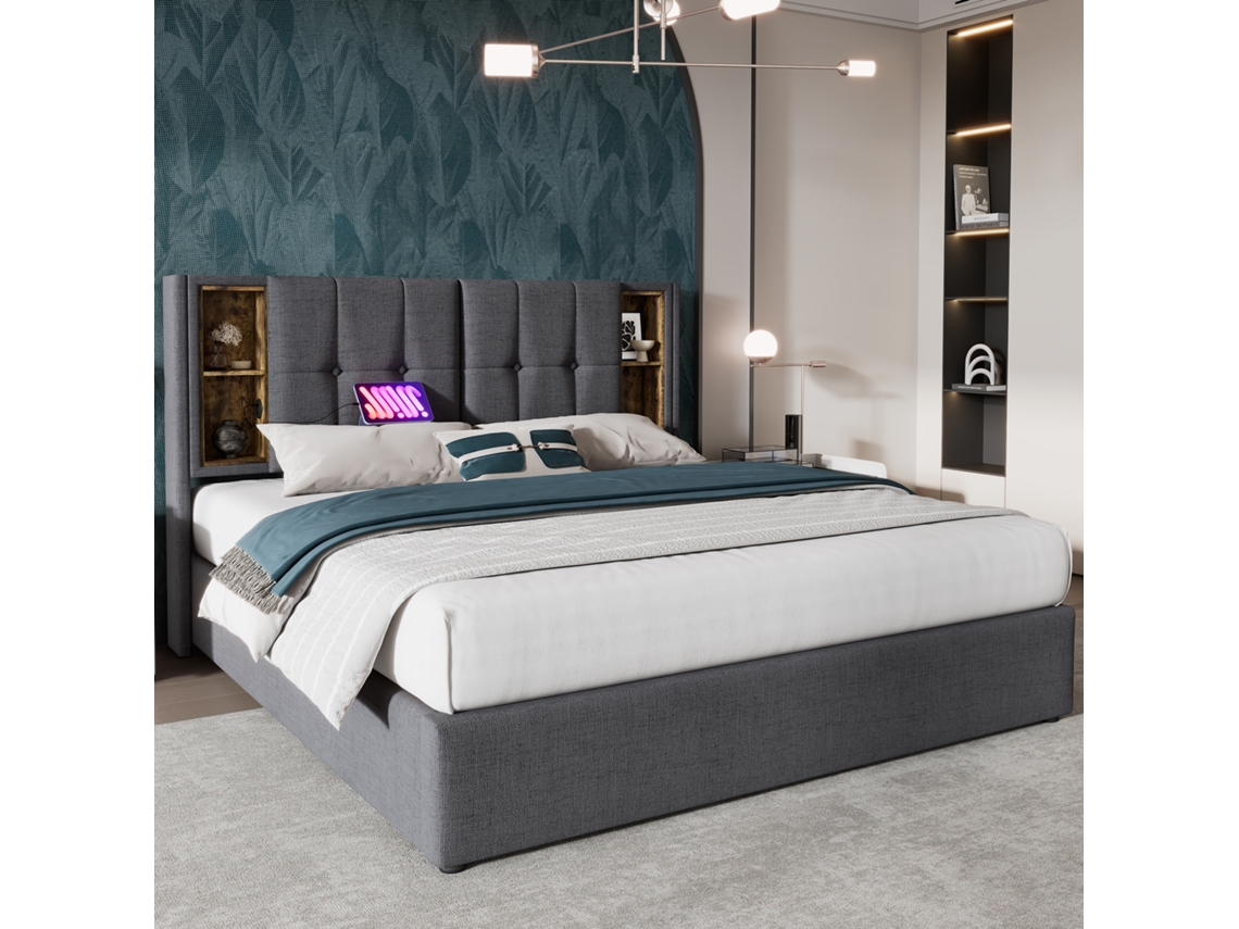 Cama De 140x200 Con Usb-c Y Espacio De Almacenamiento, Color Gris.