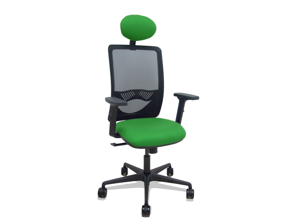 Silla de oficina Zulema con mecanismo sincronizado, tapizada en tela verde y malla negra.