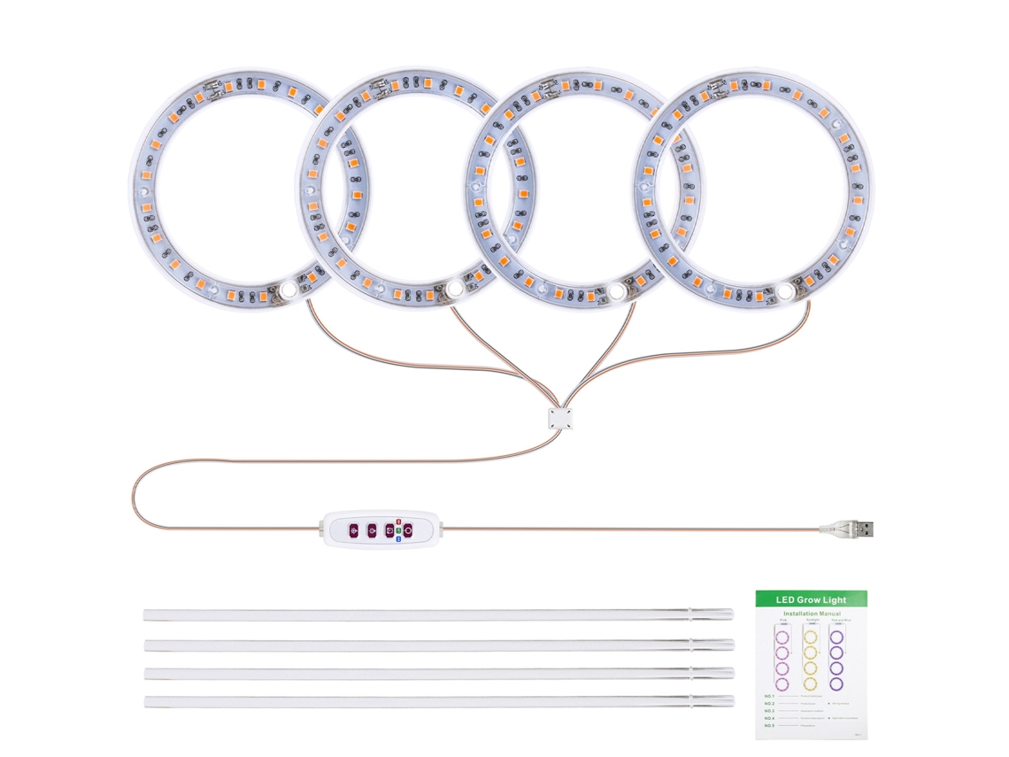 Luces de cultivo para plantas de interior, 4 cabezales, 6,2 W, 301,7 lm, 80 LED, 4000 K, alimentación USB, temporizador de 8 h, 12 h y 16 h, 5 niveles de brillo