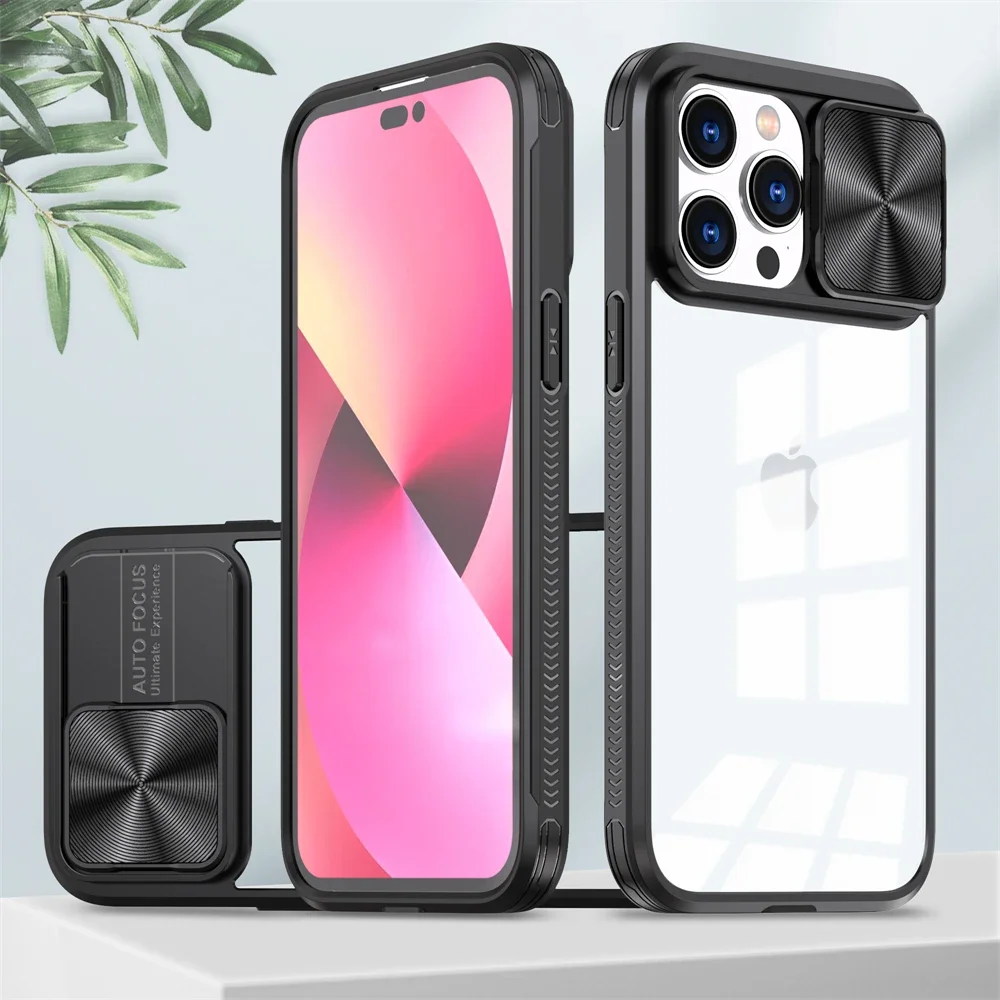 (iphone 12 Pro, Negro) Funda Protectora Transparente Deslizante Para La Cámara Del Iphone Con Marco Rígido.