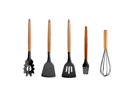 Juego De Utensilios De Cocina De Silicona Con Mango De Madera - Negro JEIIBRZUI