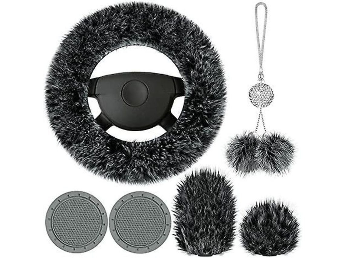 Kit De 6 Accesorios De Felpa Para El Coche: Funda Suave Para El Volante, Funda Para El Freno De Mano, Funda Para La Palanca De Cambios, Espejo Retrovisor Brillante, Alfombrilla Para El Suelo, Portavasos