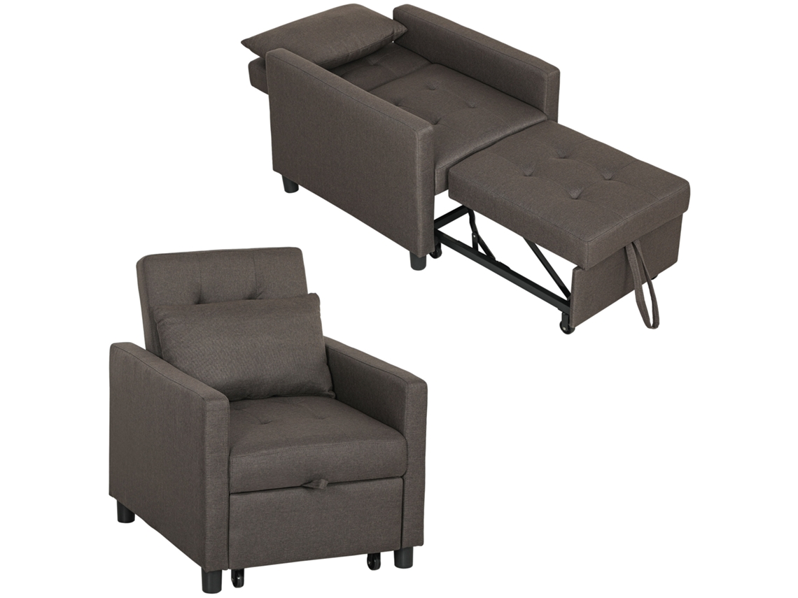 Sofá Cama De 1 Plaza Tapizado En Lino Con Respaldo Ajustable De 3 Niveles Y Almohada Acolchada 69x82,5x84 Cm Marrón