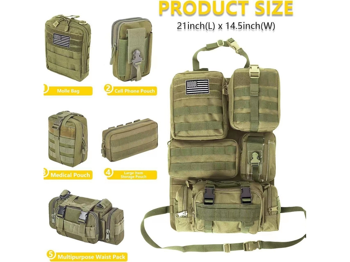 Organizador universal para el respaldo del asiento del coche con panel Molle y 5 bolsillos extraíbles.