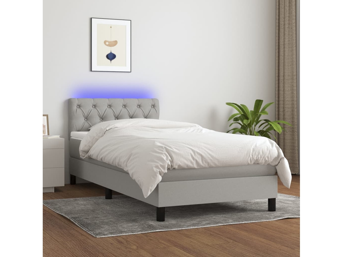 Cama Individual | Cama Box Spring Colchón Y Luces Led Tela Gris Claro 80x200 Cm