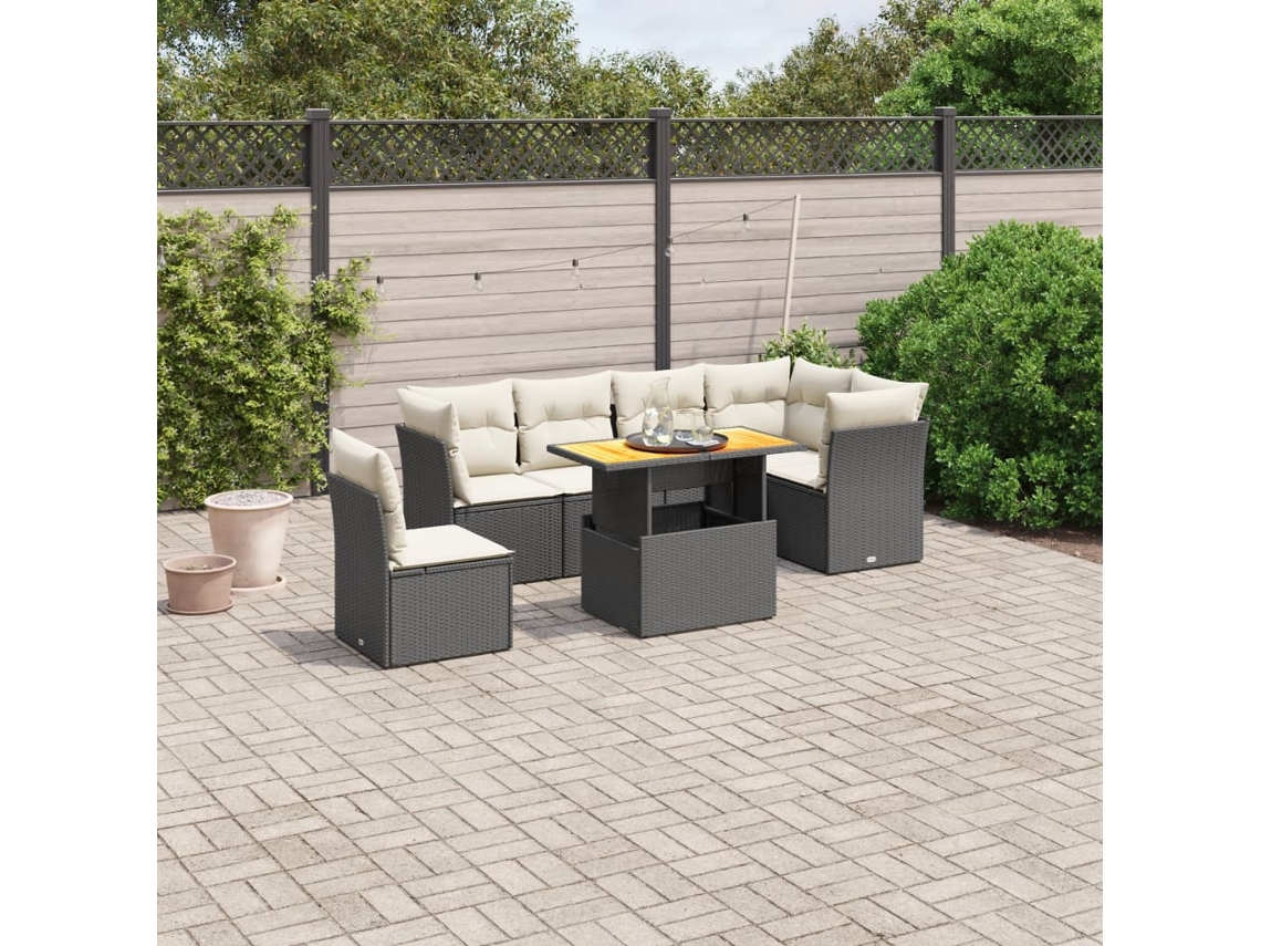 Conjunto de sofá de jardín de 7 piezas con cojines, ratán negro, Dkd Home Decor
