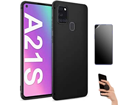 Kit Carcasa Y Protector Samsung A21S Ultimatte Turtleshell Y Popsocket Negro