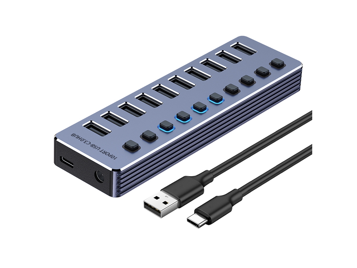 Estación de acoplamiento USB Hub 3.0 Yizhood de 10 puertos, portátil, de alta velocidad, 5 Gbps, con múltiples puertos USB, interruptores, adaptador de corriente para PC, color gris
