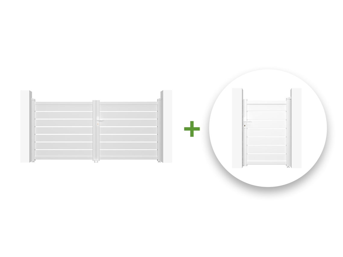 Pack puerta batiente VOGEL 3m H.140cm + puerta peatonal 1m H.140cm blanco