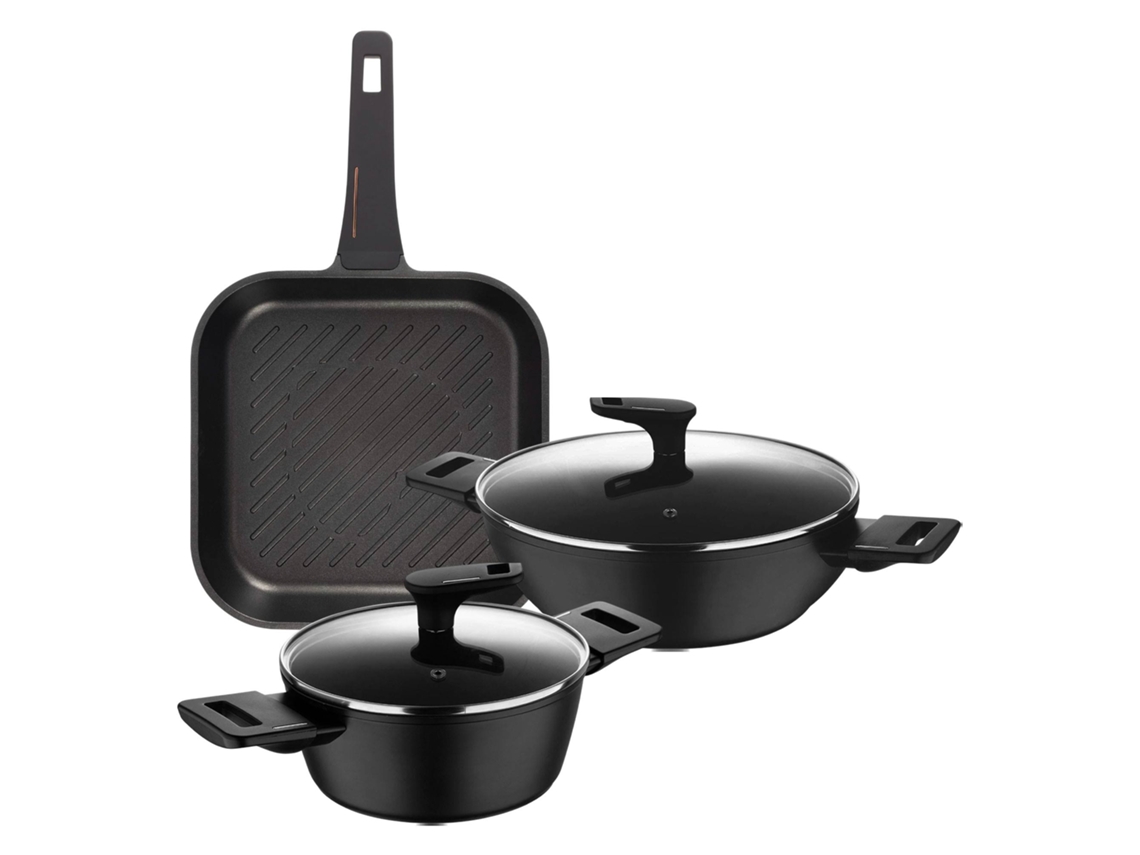 Juego de 2 cacerolas bajas de Ø20 cm y Ø28 cm con tapas de aluminio forjado, Bergner Grill