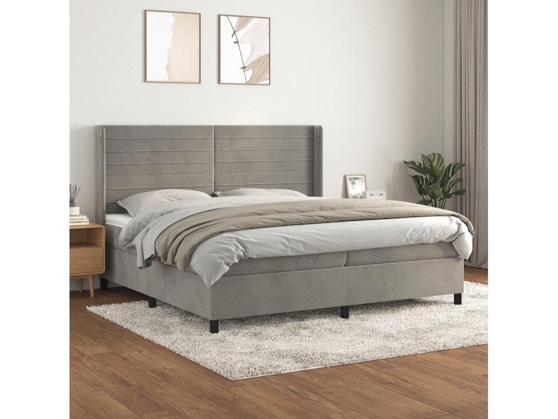 Cama Box Spring Con Colchón Terciopelo Gris Claro 200x200 Cm