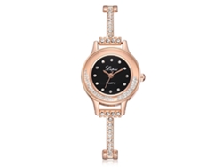 Elegante Reloj De Pulsera Para Mujer Con Pedrería, Correa Fina, Movimiento De Cuarzo, Oro Rosa + Negro.