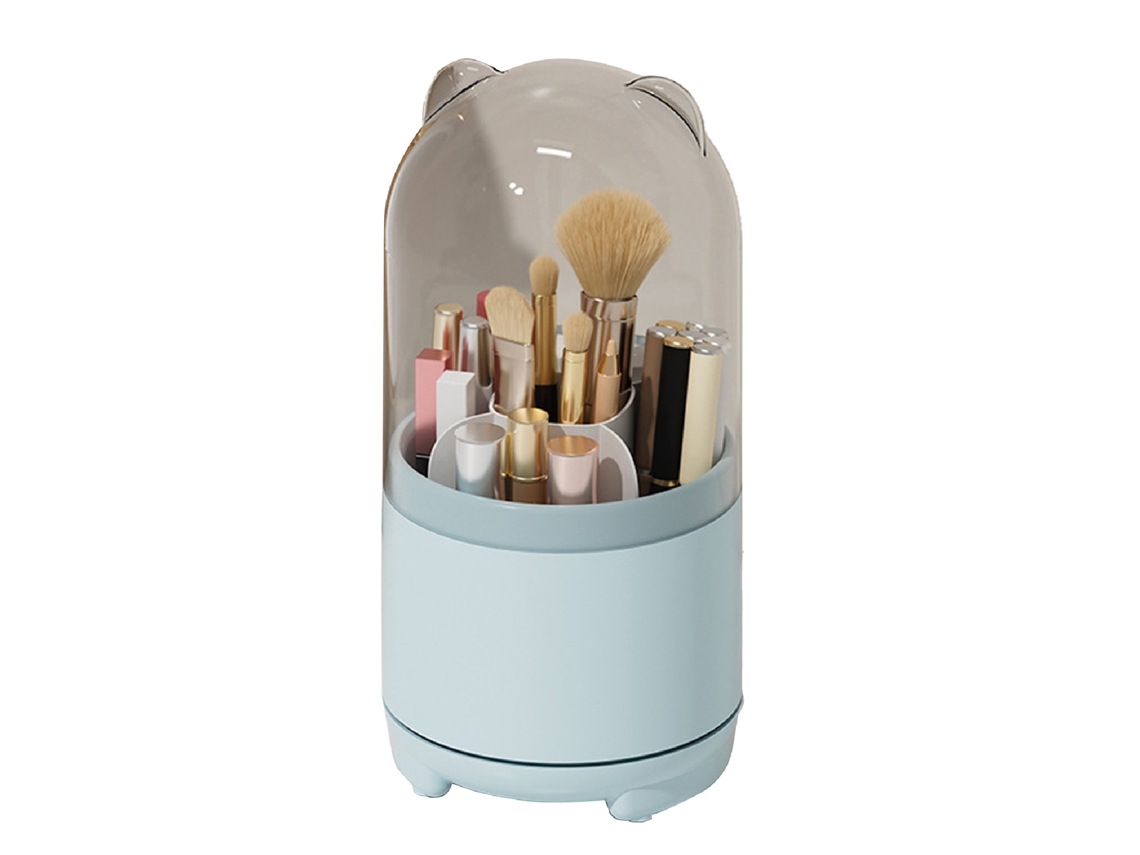 Contenedor Giratorio De 360° Para Guardar Brochas De Maquillaje Con Tapa Azul Transparente A Prueba De Polvo.