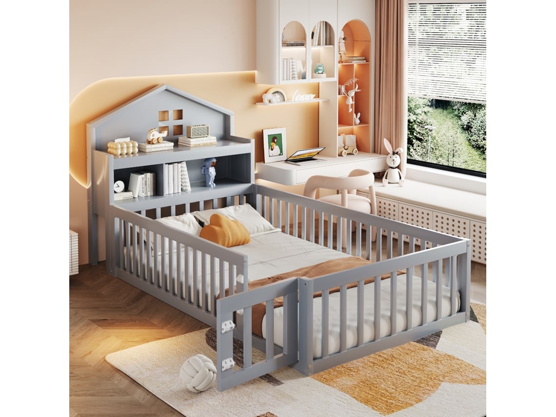 Cama Infantil 90x200 Madeira Maciça Casinha Prateleiras Armazenamento Grade Porta Suporte Para Quadros Estrado De Ripas Cinza