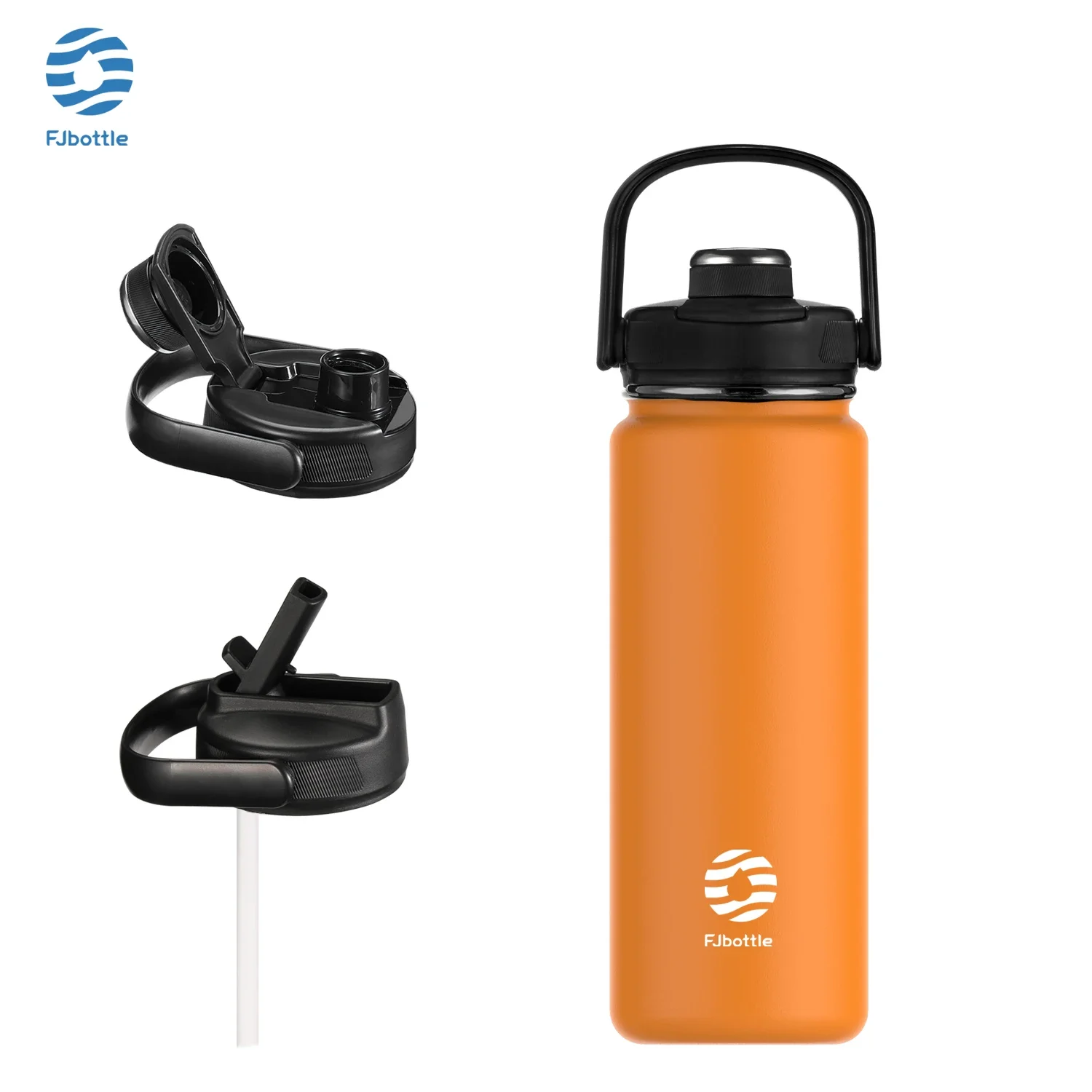 Botella de agua deportiva de acero inoxidable con aislamiento al vacío (naranja, 1200 ml), asa, tapa y pajita.