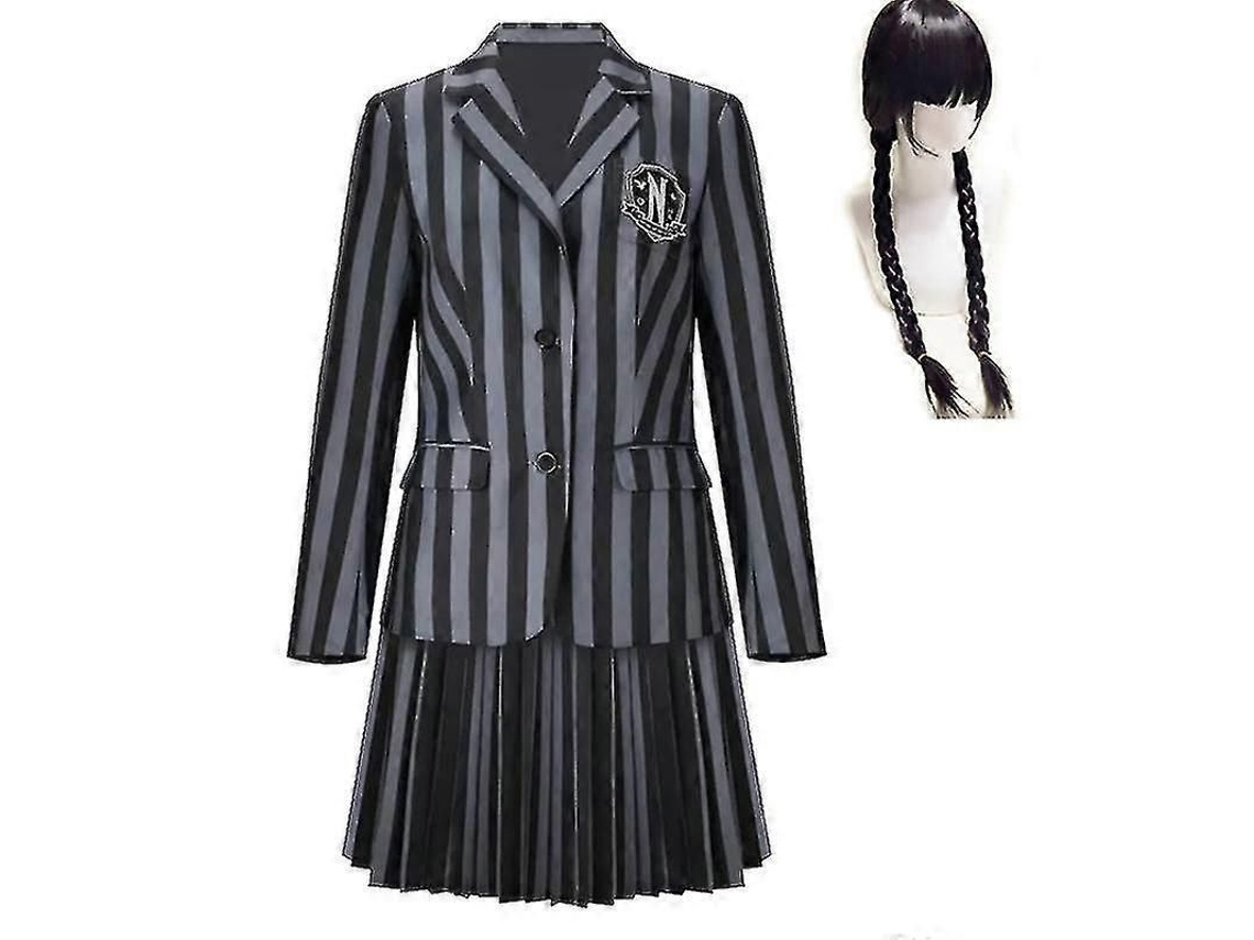 2026altiro-disfraz De Wednesday Addams, Uniforme De La Academia Nevermore, Para Adultos Y Niños (talla L De Adulto) Con Peluca.