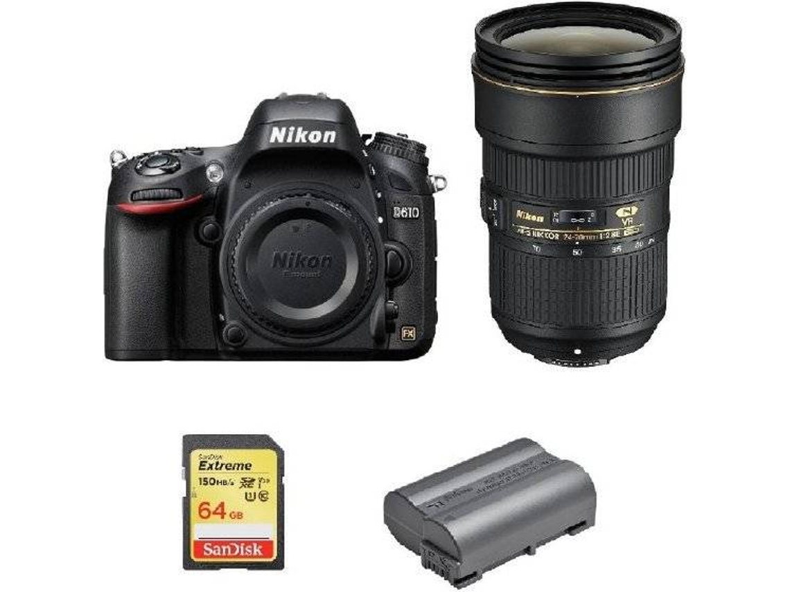 Kit Cámara Réflex NIKON D610 + AF-S 24-70MM F2.8E ED VR + Tarjeta SD de 64GB + bateria EN-EL15B
