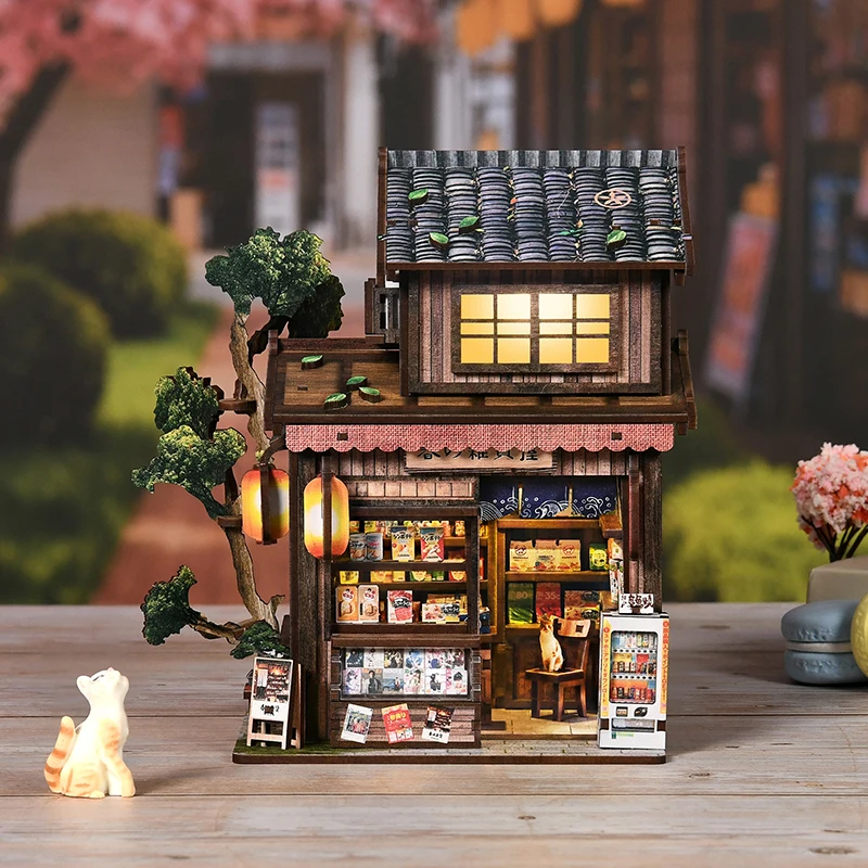 Escena En Miniatura Para Armar: Sujetalibros De Madera 3d Con Forma De Tienda De Comestibles De Primavera.