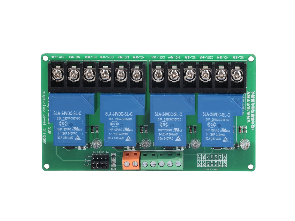 Módulo de relés de 4 canales y 30 A de nivel alto/bajo con optoacoplador de aislamiento de 24 V para PLC y control automático.