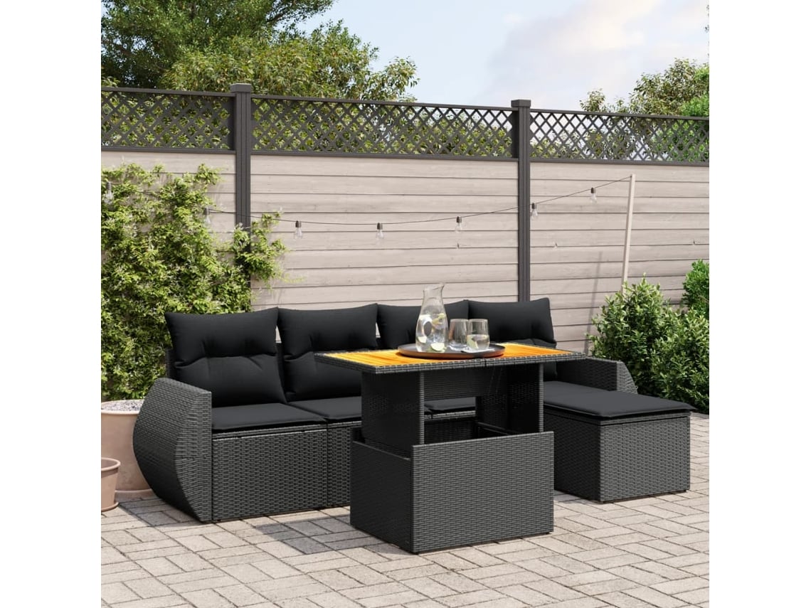 Conjunto de sofá de jardín de 6 piezas con cojines, mimbre sintético negro, DKD Home Decor