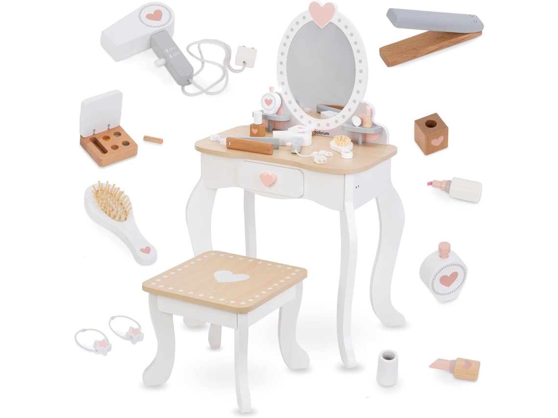 Tocador de Imitación para Niños Juguete Tocador de Madera de Imitación de Belleza con Taburete con Espejo y Accesorios para Plancha de Cepillo para el Cabello MAMABRUM