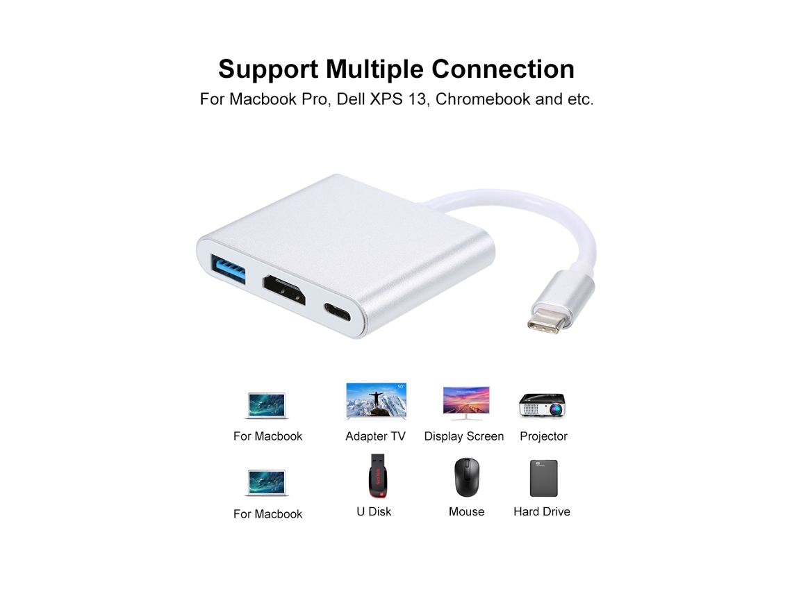 Adaptador 3 En 1 Usb C 3.1 Para Usb 3.0/hdmi, Hub Para Macbook Pro Y Dell Xps 13 Luz Dourada