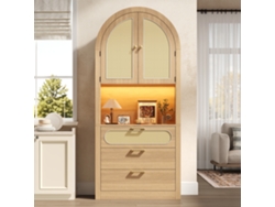 Aparador 80x35x180 Cm - Con Led Ajustable, Puertas De Ratán, 1 Estante Para Exhibición, 2 Estantes De Almacenamiento, 3 Cajones - Color Roble Claro