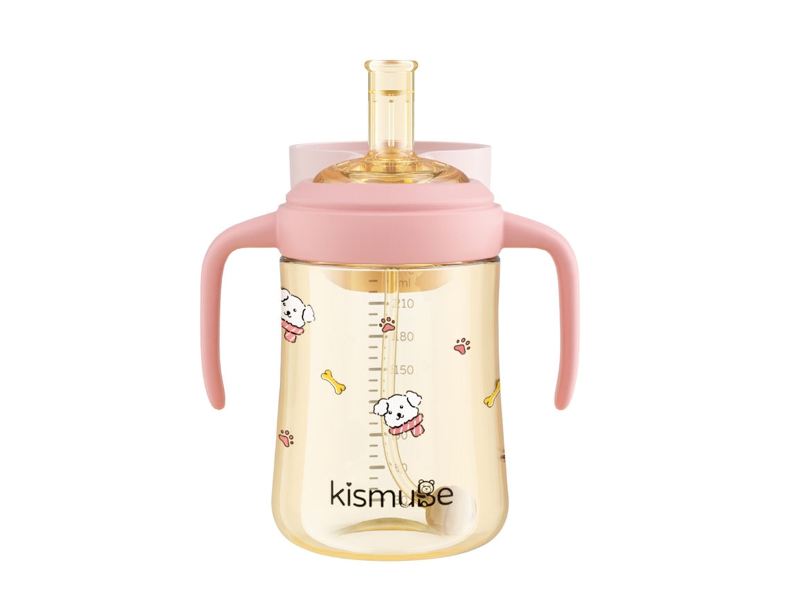 Biberón con tapa abatible, tapa integrada y vaso para beber directamente, para bebés mayores de 6 meses, con boquilla medidora Strawrosa, 300 ml.