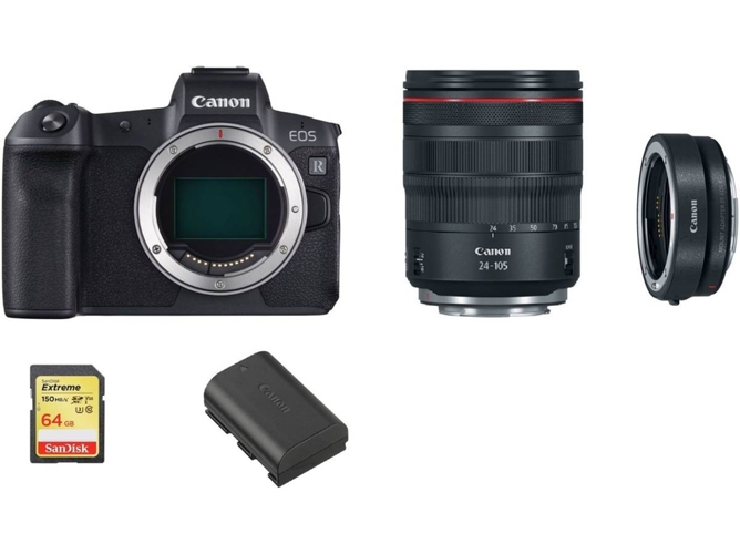 Kit Máquina Fotográfica Mirrorless CANON EOS R RF 24-105mm F4L IS USM + EF-EOS R Adaptador + 64GB SD+ LP-E6N