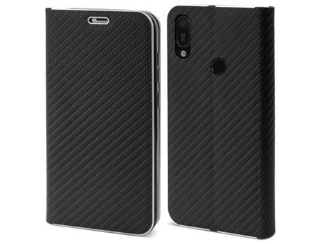 Funda tipo cartera MOOZY para Huawei Y6 2019 en carbono negro - Protección de borde metálico con cierre magnético y soporte para tarjetas.