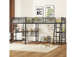 Cama Alta De 90x200, 2 Literas, Mesa, Escalera Doble, Pasamanos Negro.