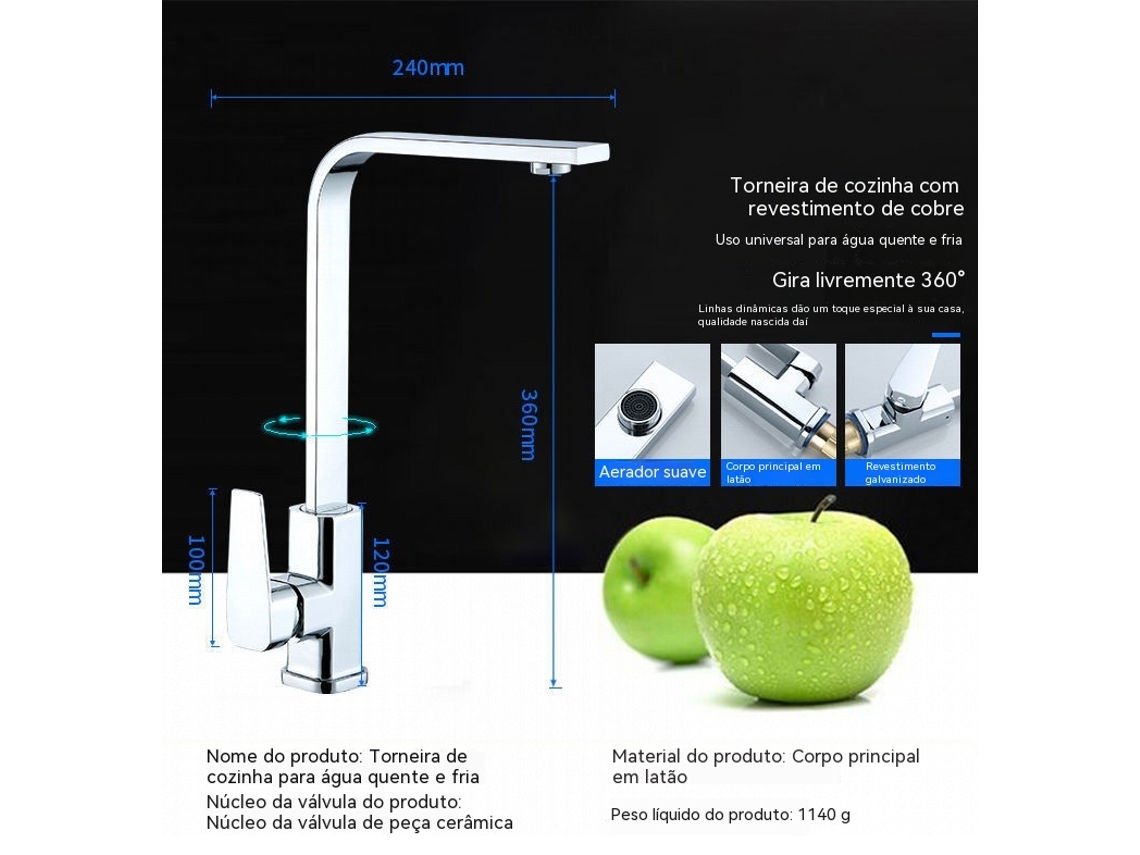 Grifo de cocina de latón con diseño cuadrado y rotación de 360° | Agua fría y caliente