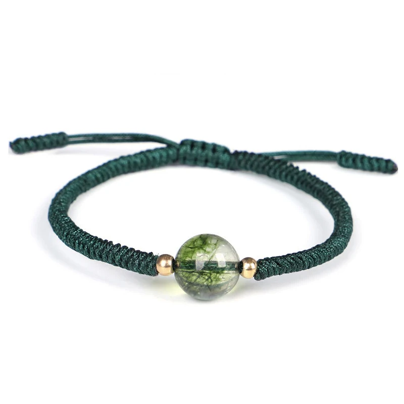 Pulsera De Cristal De Cuarzo Fantasma Natural, Pulsera Trenzada De Cuerda Fantasma Verde De Estilo Étnico Ajustable