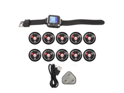 Sistema de llamadas inalámbrico con batería recargable de 250 mAh, 10 páginas, clasificación IPX4, pantalla LCD, enchufe británico.