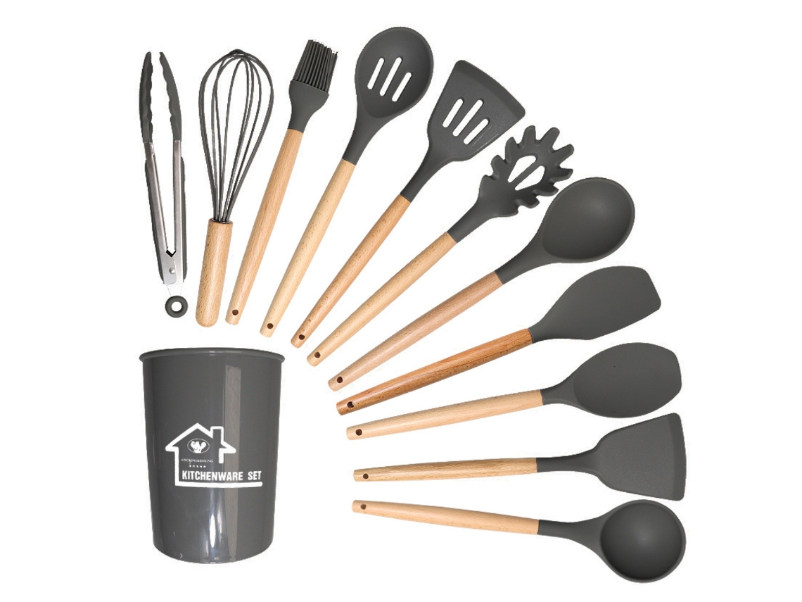 KOFIHETY Juego de utensilios de cocina de silicona resistente al calor, espátulas con mangos de madera y menaje antiadherente