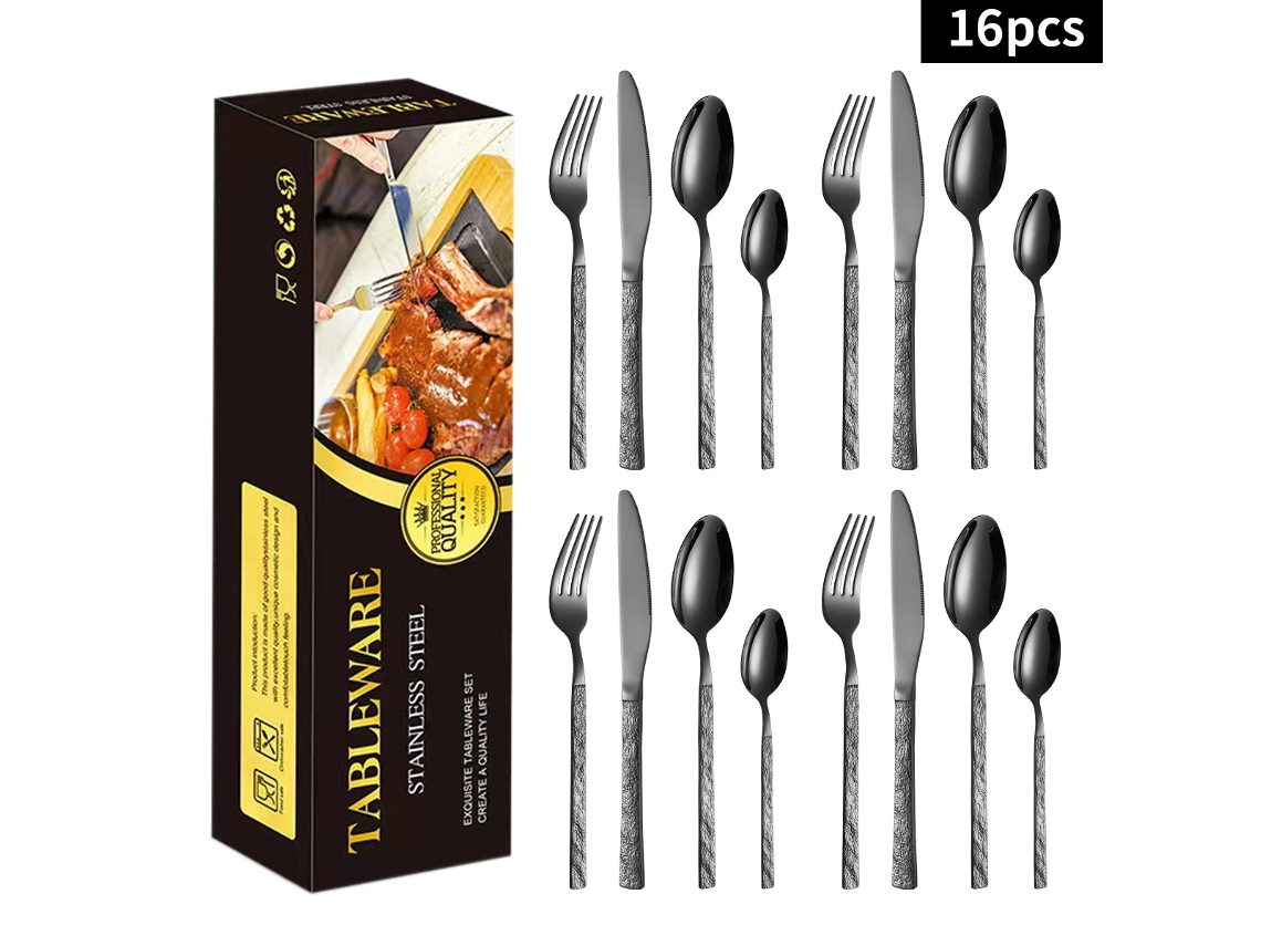Juego De Cubiertos Chrui En Acero Inoxidable 16 Piezas Para 4 Personas Con Patrón De Piedra, Lavavajillas (negro)
