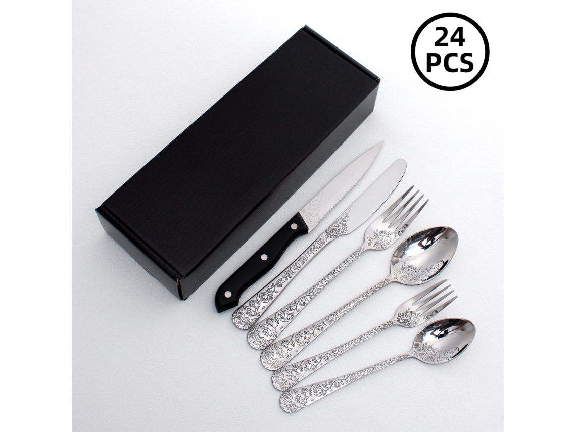 Juego de cubiertos de estilo chino MDUG con 24 piezas chapadas en oro, que incluye cuchillo, tenedor y cuchara.