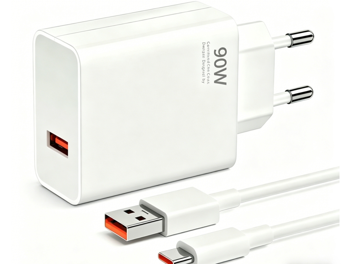 Cargador rápido USB-C de 90 W, conector estándar europeo, con cable de 1 m.