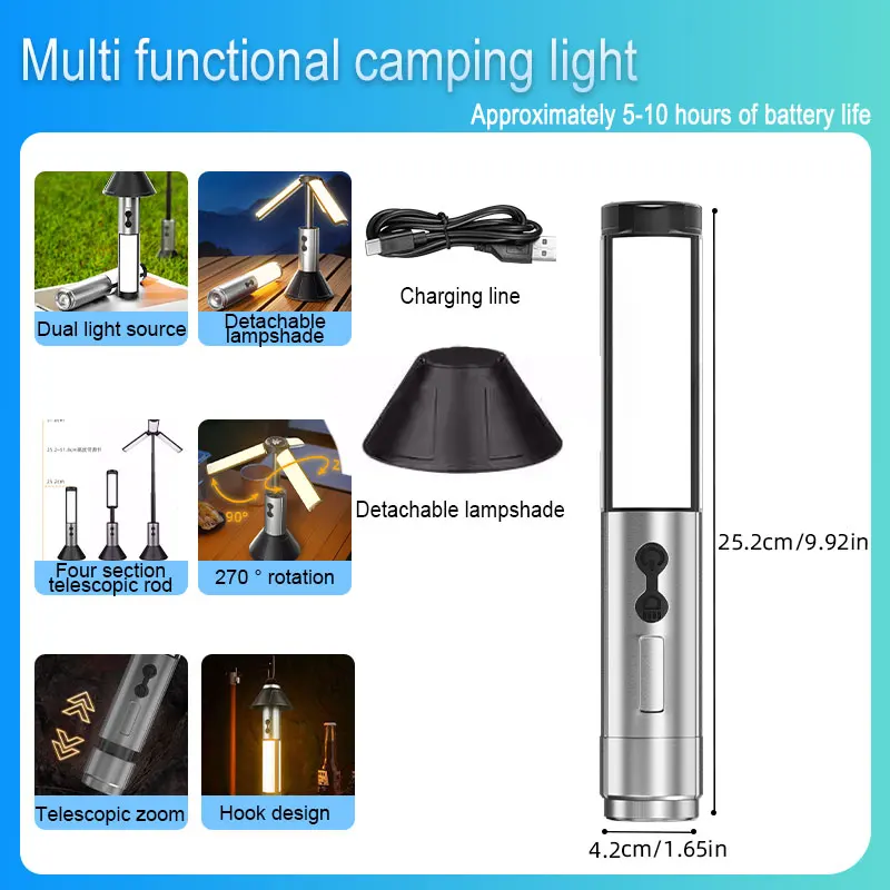 Linterna LED telescópica portátil - Reflector recargable plegable - Iluminación para tiendas de campaña