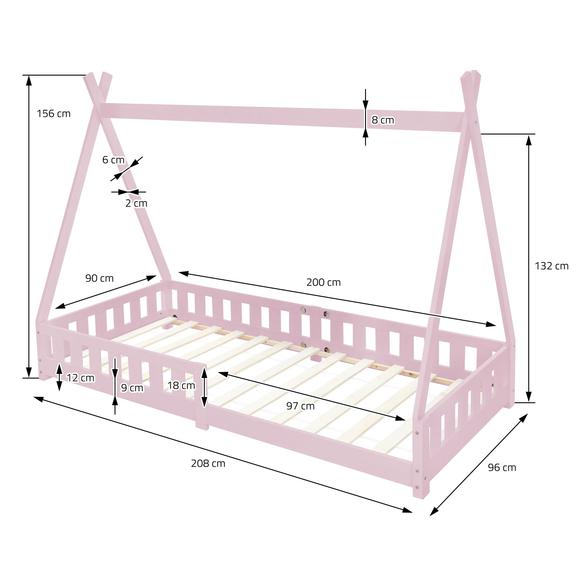 Cama Infantil Tipi rosa en madera de maciza y somier 200x90cm cuna contra el marco las listeres 90x200 pink wood ml