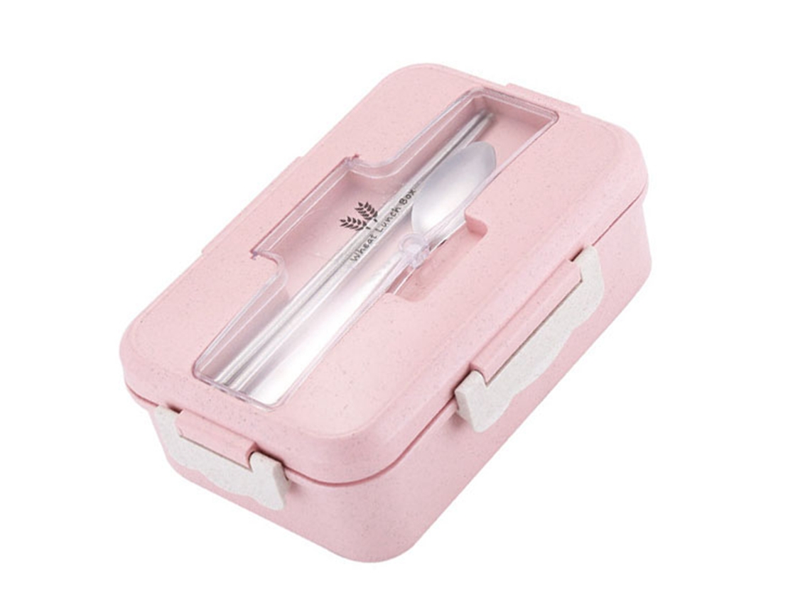 Fiambrera Térmica Con Compartimentos, 1000 Ml, Material Seguro, Portátil, Rosa, Con Cuchara Y Palillos.