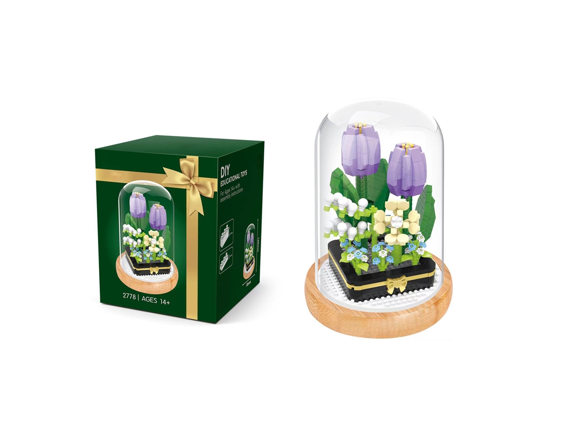 Bloques de construcción en miniatura con forma de flor de tulipán y cubierta protectora.