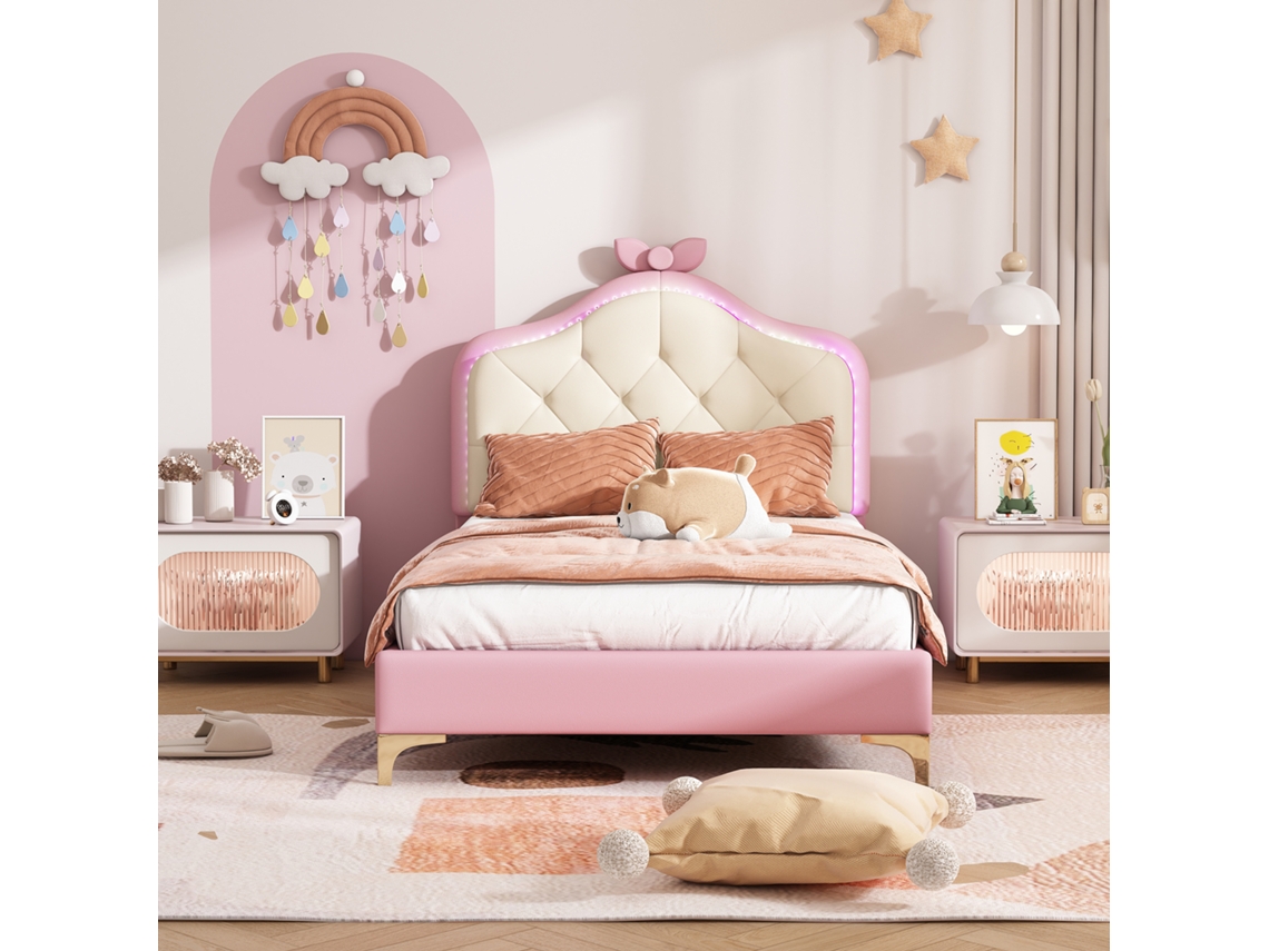 Cama Arqueada Led De 90x200, Listones De Pu Rosa, Colchón No Incluido.