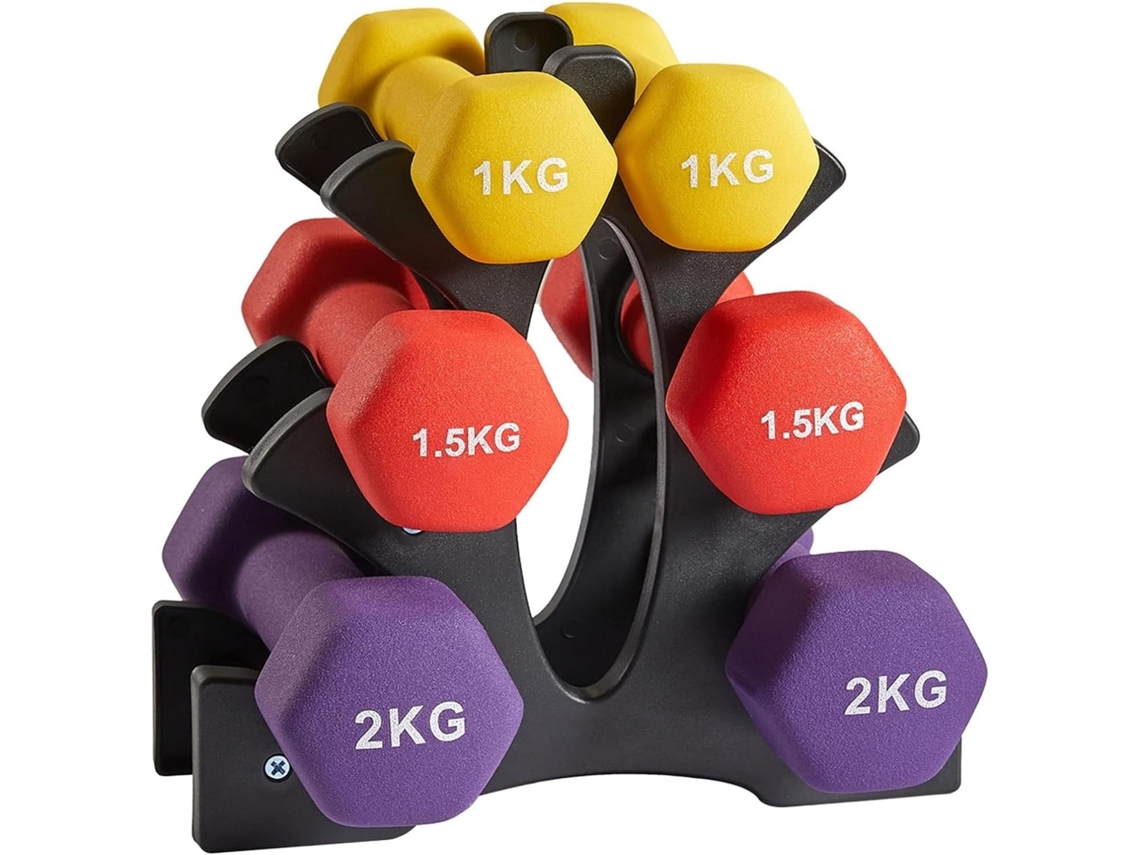 Set de 6 mancuernas 2x 1kg, 2x 1.5kg, 2x 2kg pesas con soporte para gimnasio y entrenamiento en casa COSHANO