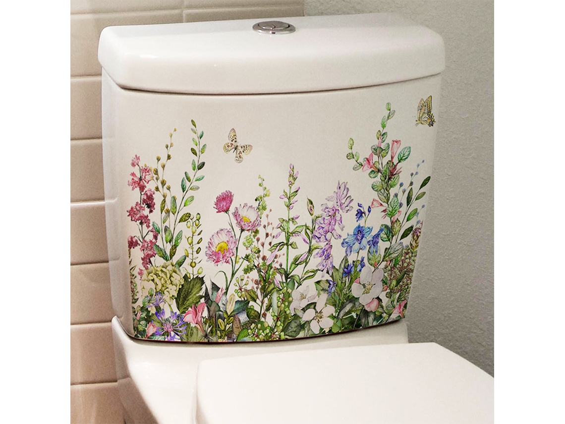 Pegatina de pared con varias flores verdes y mariposas para baño y aseo Jortmrd