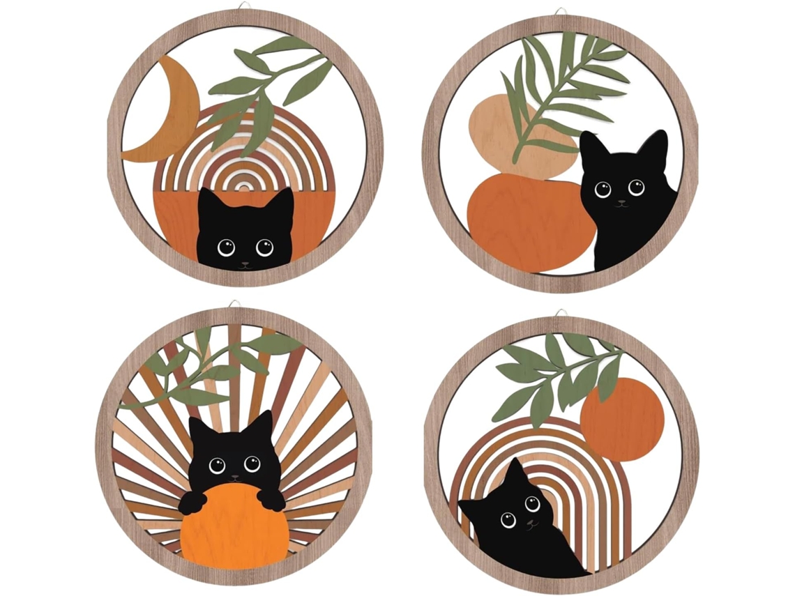 Decoraci N De Pared Con Motivos Gatos Pintura Moderna Mediados Siglo Adorno Moderno Madera 4 Piezas Para Apartamento