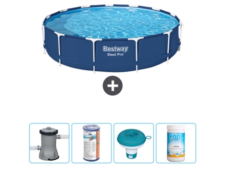 Piscina BESTWAY Round Steel Pro - 396 x 84 cm - Azul - Bomba incluida Filtrar - flotador de cloro - Cloro