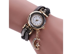 Reloj De Pulsera De Cuarzo Para Mujer Con Incrustaciones De Diamantes De Imitación Y Colgante De Luna Y Estrella (negro)