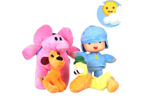 Juego de 4 muñecos Lulla para niños (Wow Wow azul, elefante rosa, Lulla grande, tambor con sonido)