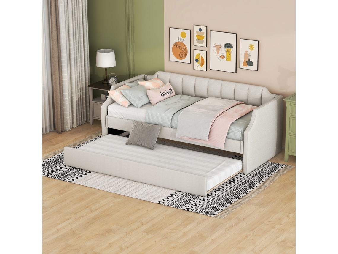 Sofá Cama Individual De 90x200 Cm, Retráctil, Tapizado, Color Beige, Ahorra Espacio.